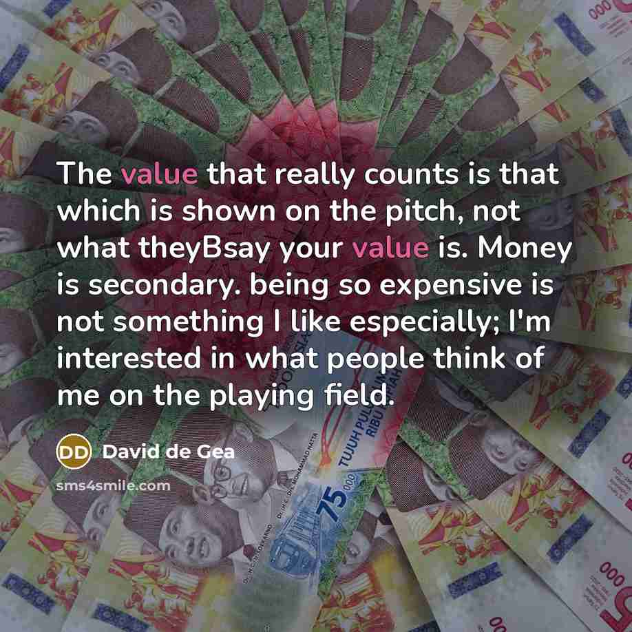 “The value that really counts is that which is shown on the pitch, not what theyBsay your value is. Money is secondary. being so expensive is not something I like especially; I'm interested in what people think of me on the playing field.” quote by David de Gea