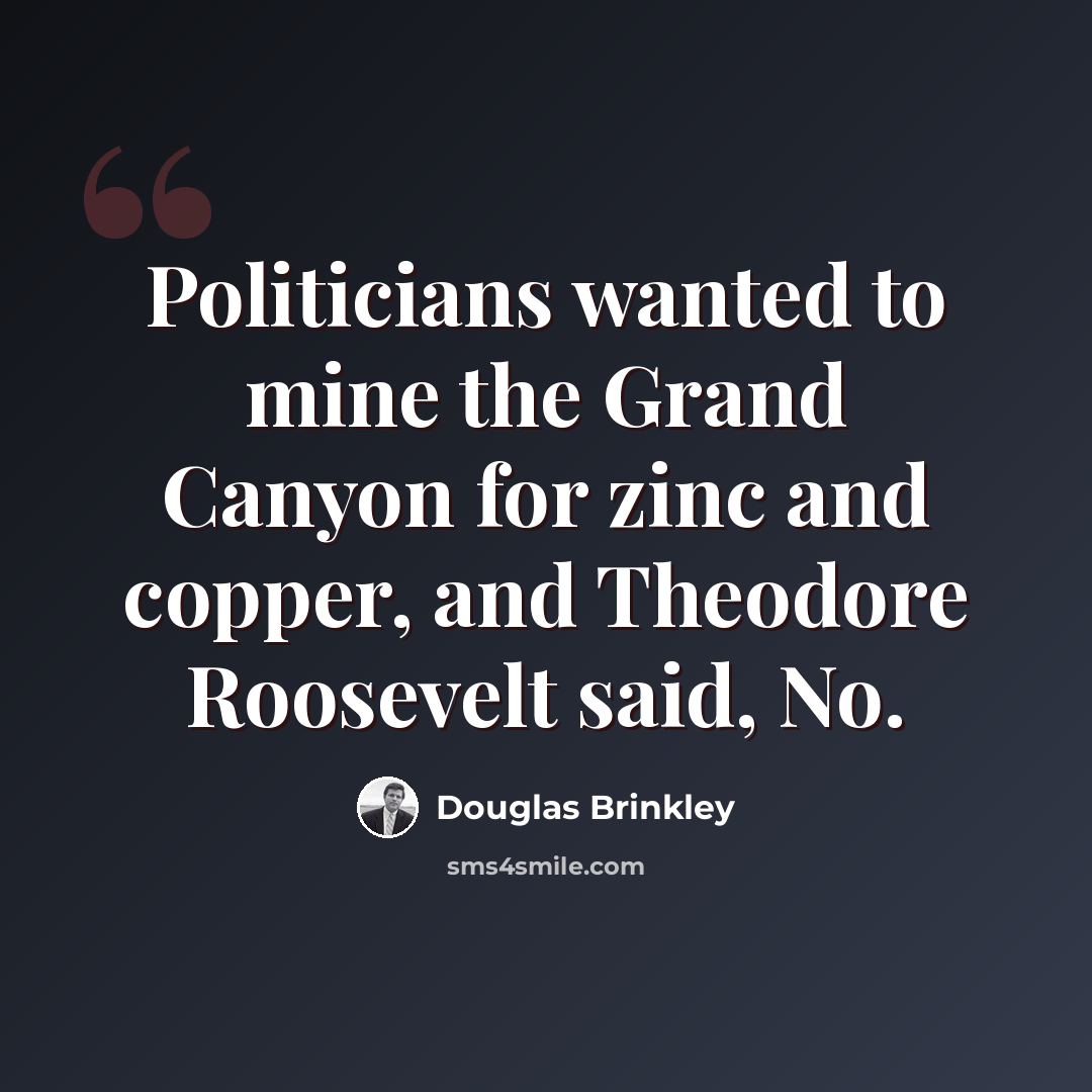 “Politicians wanted to mine the Grand Canyon for zinc and copper, and Theodore Roosevelt said, No.” quote by Douglas Brinkley