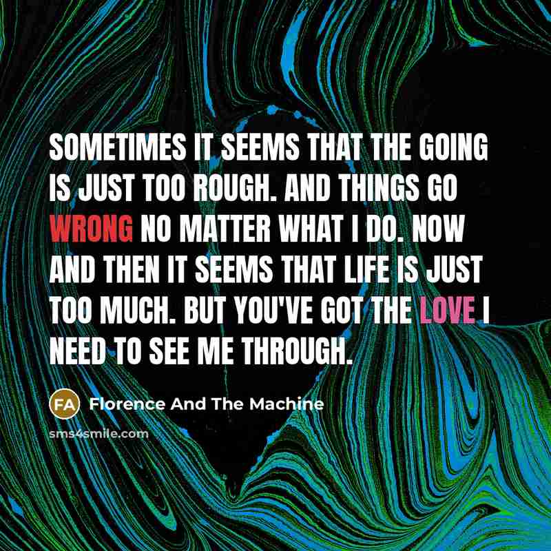 “Sometimes it seems that the going is just too rough. And things go wrong no matter what I do. Now and then it seems that life is just too much. But you've got the love I need to see me through.” quote by Florence And The Machine