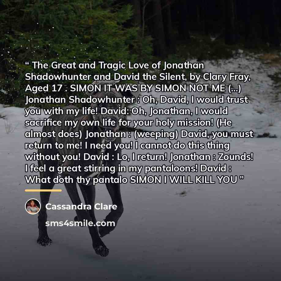 “The Great and Tragic Love of Jonathan Shadowhunter and David the Silent, by Clary Fray, Aged 17 . SIMON IT WAS BY SIMON NOT ME (...) Jonathan Shadowhunter : Oh, David, I would trust you with my life! David: Oh, Jonathan, I would sacrifice my own life for your holy mission! (He almost does)…” quote by Cassandra Clare