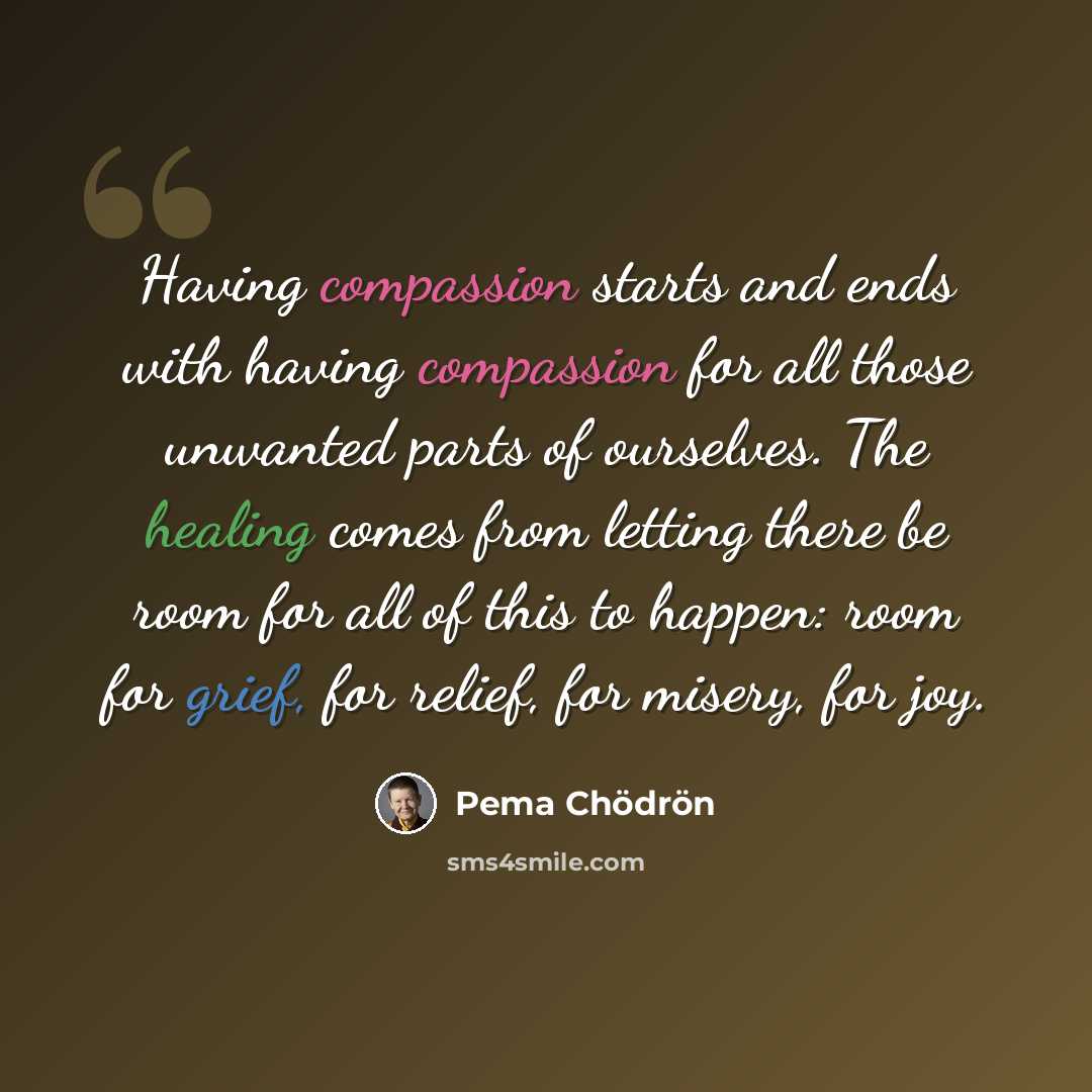“Having compassion starts and ends with having compassion for all those unwanted parts of ourselves. The healing comes from letting there be room for all of this to happen: room for grief, for relief, for misery, for joy.” quote by Pema Chodron