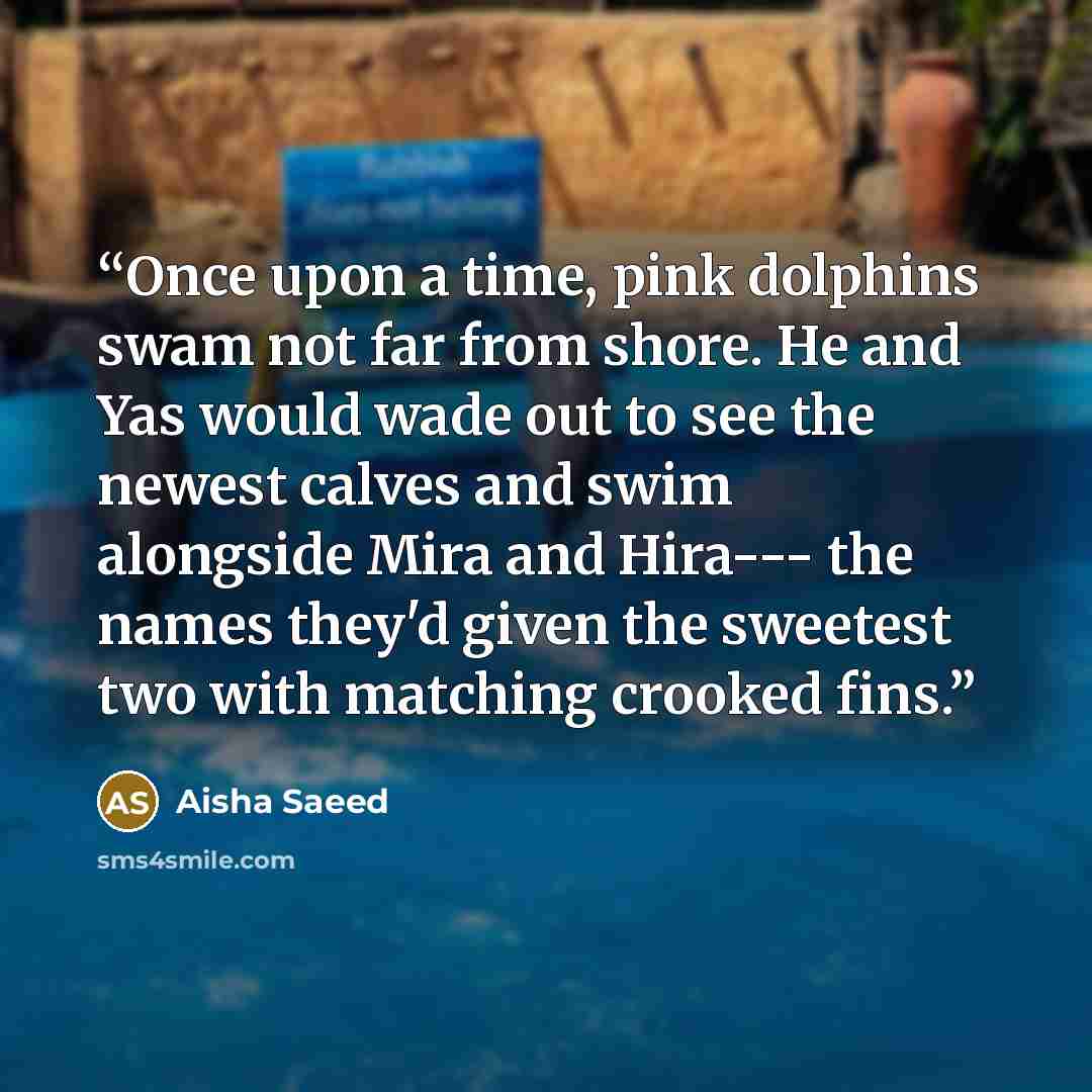 “Once upon a time, pink dolphins swam not far from shore. He and Yas would wade out to see the newest calves and swim alongside Mira and Hira--- the names they'd given the sweetest two with matching crooked fins.” quote by Aisha Saeed