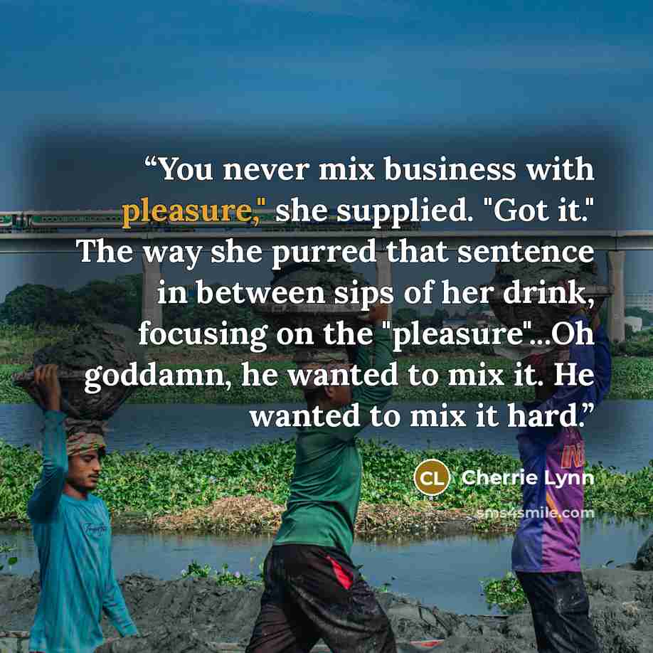 “You never mix business with pleasure," she supplied. "Got it." The way she purred that sentence in between sips of her drink, focusing on the "pleasure"...Oh goddamn, he wanted to mix it. He wanted to mix it hard.” quote by Cherrie Lynn