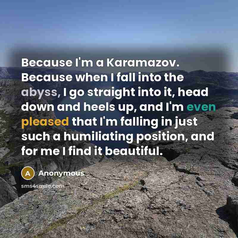 “Because I'm a Karamazov. Because when I fall into the abyss, I go straight into it, head down and heels up, and I'm even pleased that I'm falling in just such a humiliating position, and for me I find it beautiful.” quote by Anonymous