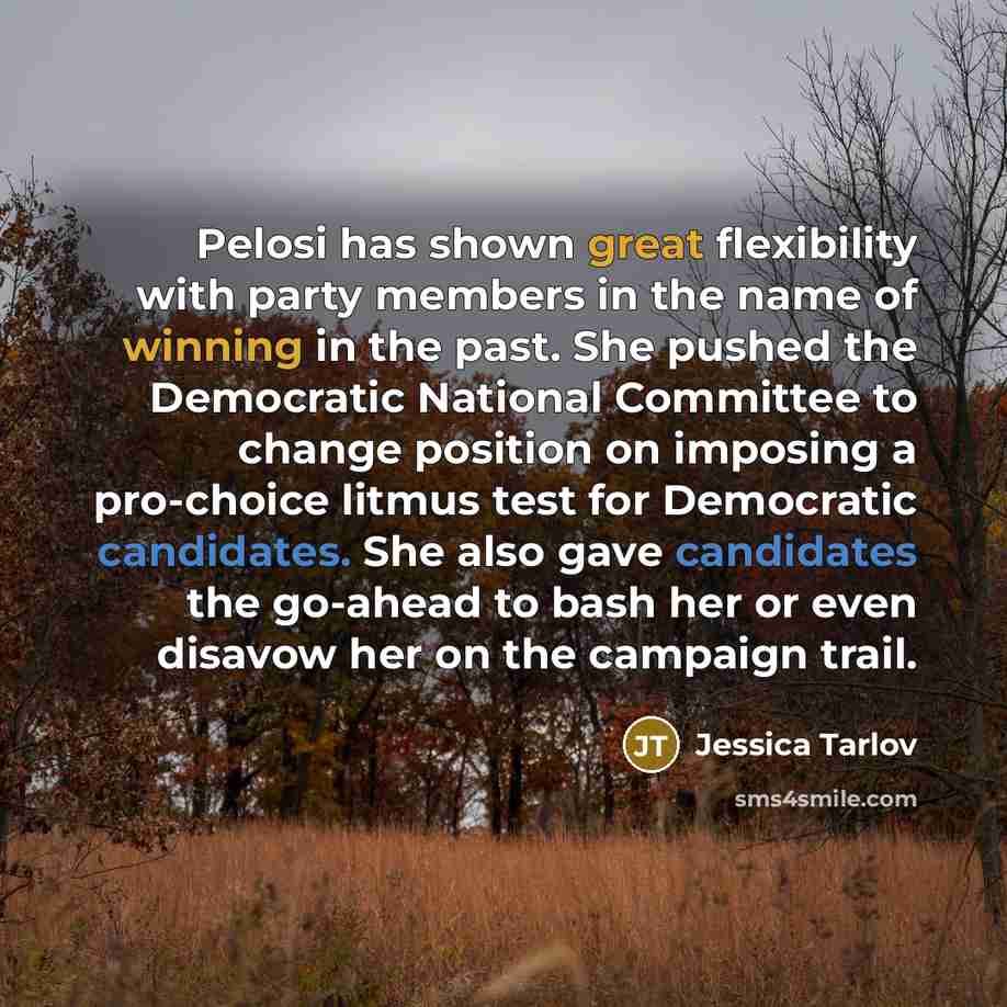 “Pelosi has shown great flexibility with party members in the name of winning in the past. She pushed the Democratic National Committee to change position on imposing a pro-choice litmus test for Democratic candidates. She also gave candidates the go-ahead to bash her or even disavow her on the…” quote by Jessica Tarlov