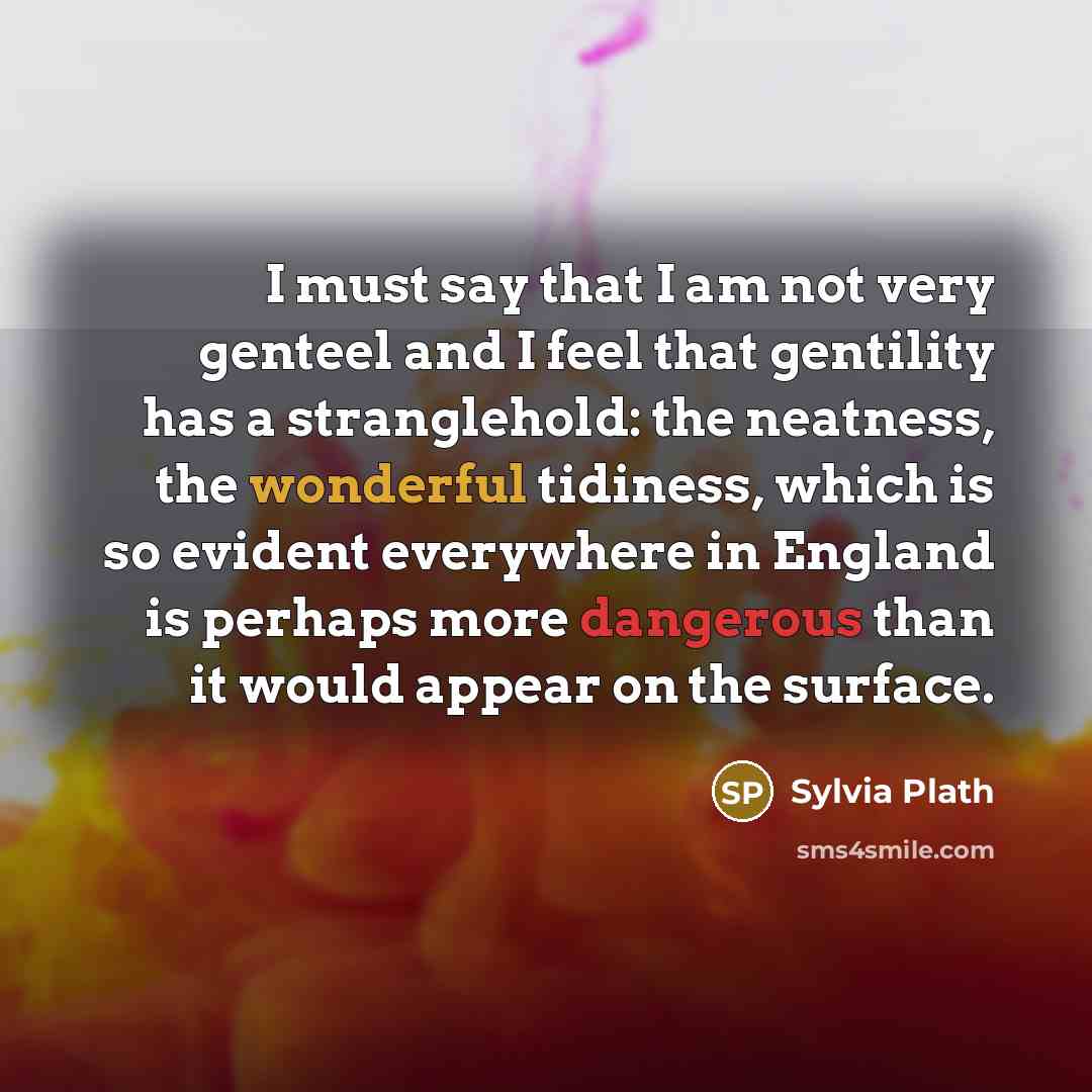 “I must say that I am not very genteel and I feel that gentility has a stranglehold: the neatness, the wonderful tidiness, which is so evident everywhere in England is perhaps more dangerous than it would appear on the surface.” quote by Sylvia Plath
