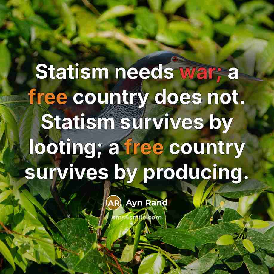 “Statism needs war; a free country does not. Statism survives by looting; a free country survives by producing.” quote by Ayn Rand