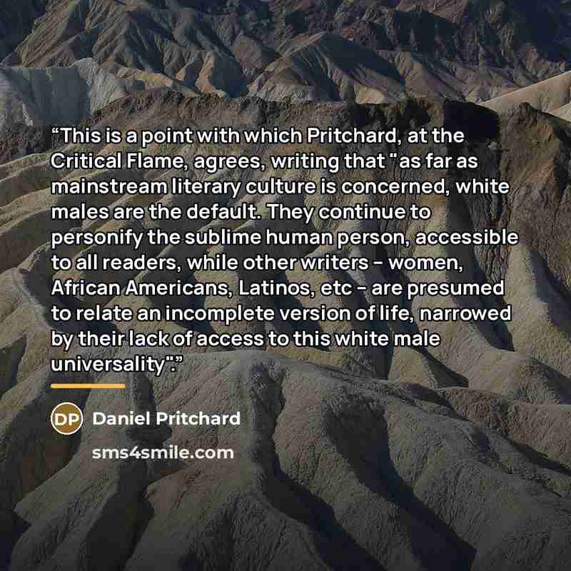 “This is a point with which Pritchard, at the Critical Flame, agrees, writing that "as far as mainstream literary culture is concerned, white males are the default. They continue to personify the sublime human person, accessible to all readers, while other writers – women, African Americans…” quote by Daniel Pritchard