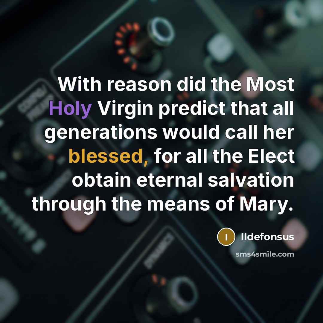 “With reason did the Most Holy Virgin predict that all generations would call her blessed, for all the Elect obtain eternal salvation through the means of Mary.” quote by Ildefonsus