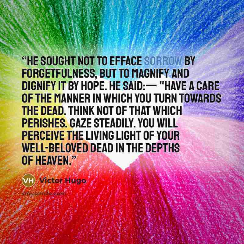 “He sought not to efface sorrow by forgetfulness, but to magnify and dignify it by hope. He said:— "Have a care of the manner in which you turn towards the dead. Think not of that which perishes. Gaze steadily. You will perceive the living light of your well-beloved dead in the depths of heaven.” quote by Victor Hugo