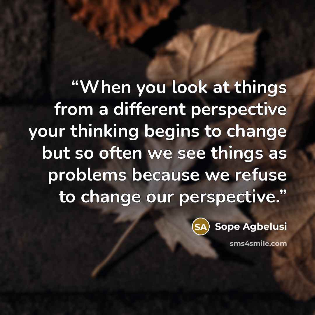 “When you look at things from a different perspective your thinking begins to change but so often we see things as problems because we refuse to change our perspective.” quote by Sope Agbelusi
