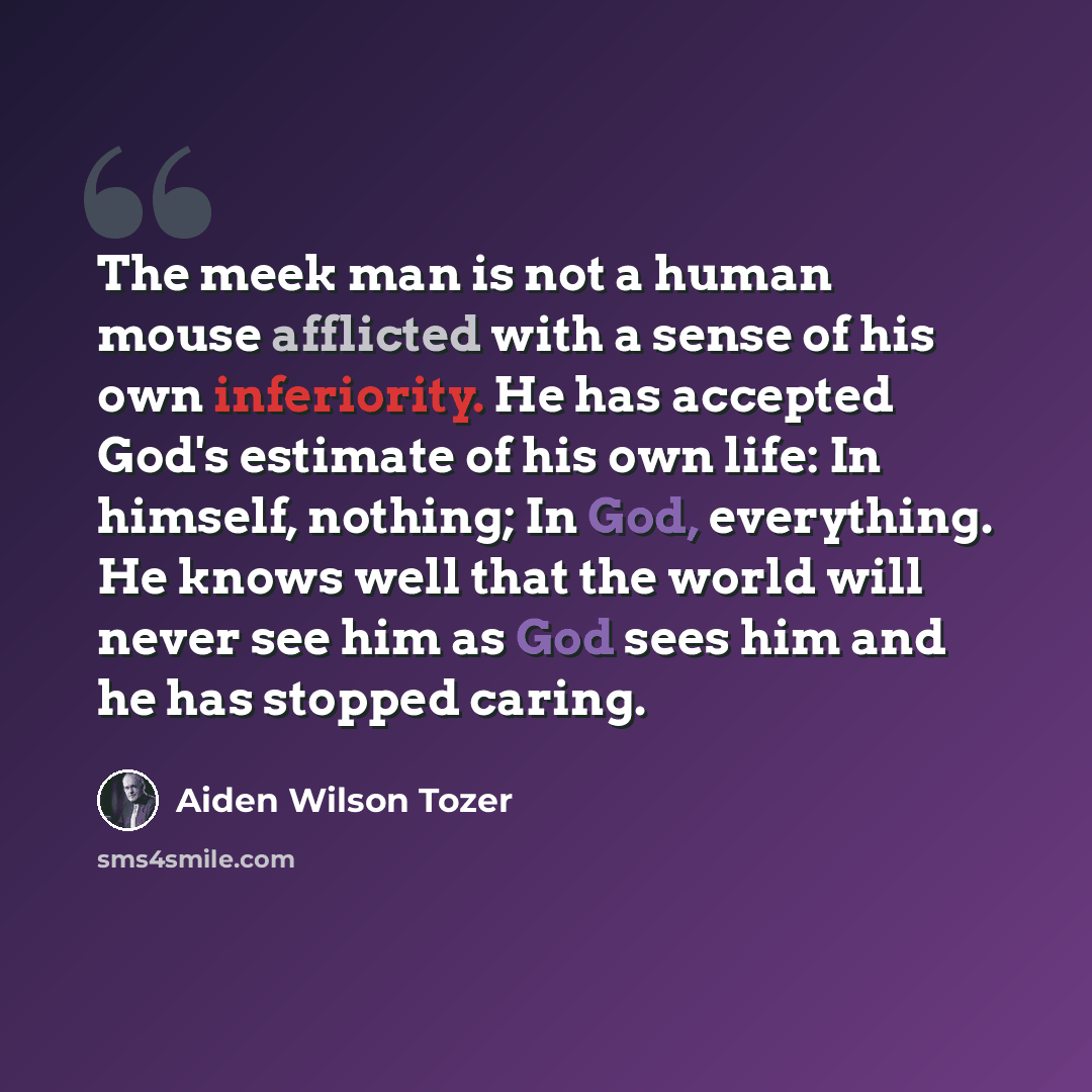 “The meek man is not a human mouse afflicted with a sense of his own inferiority. He has accepted God's estimate of his own life: In himself, nothing; In God, everything. He knows well that the world will never see him as God sees him and he has stopped caring.” quote by Aiden Wilson Tozer