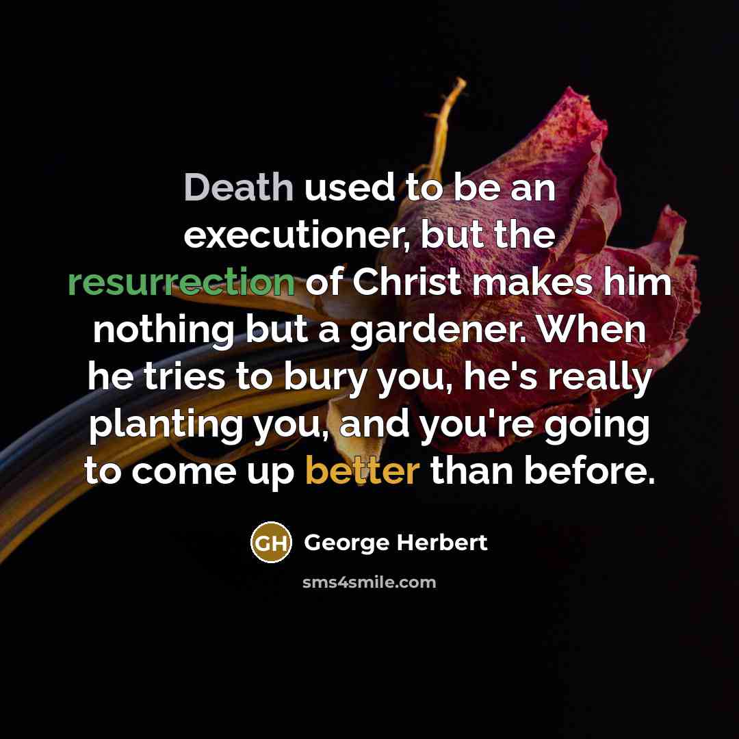 “Death used to be an executioner, but the resurrection of Christ makes him nothing but a gardener. When he tries to bury you, he's really planting you, and you're going to come up better than before.” quote by George Herbert