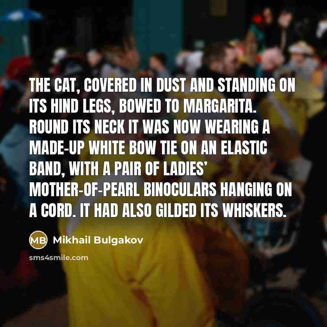 “The cat, covered in dust and standing on its hind legs, bowed to Margarita. Round its neck it was now wearing a made-up white bow tie on an elastic band, with a pair of ladies’ mother-of-pearl binoculars hanging on a cord. It had also gilded its whiskers.” quote by Mikhail Bulgakov