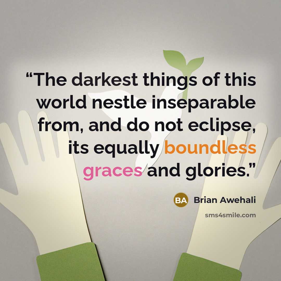 “The darkest things of this world nestle inseparable from, and do not eclipse, its equally boundless graces and glories.” quote by Brian Awehali