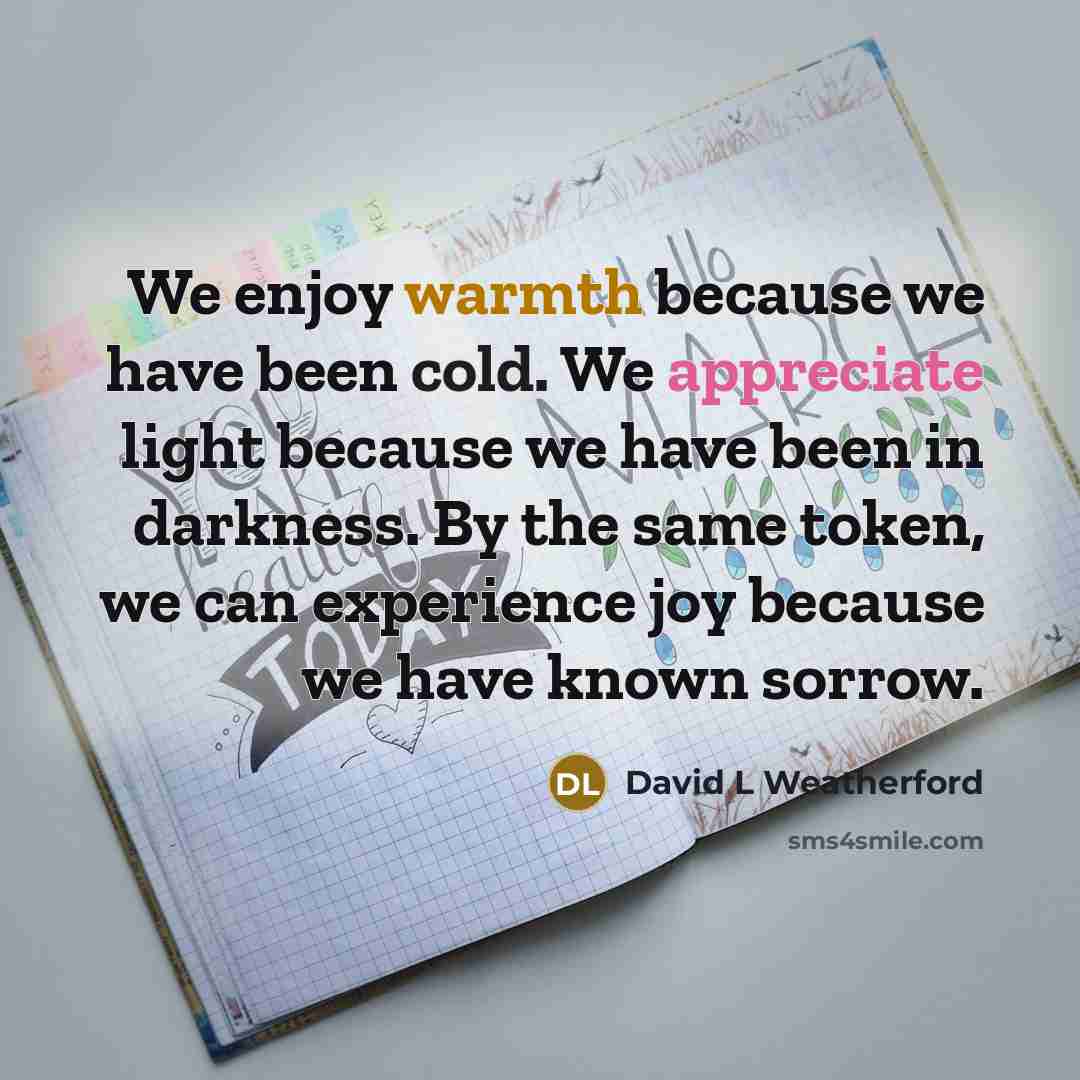 “We enjoy warmth because we have been cold. We appreciate light because we have been in darkness. By the same token, we can experience joy because we have known sorrow.” quote by David L Weatherford