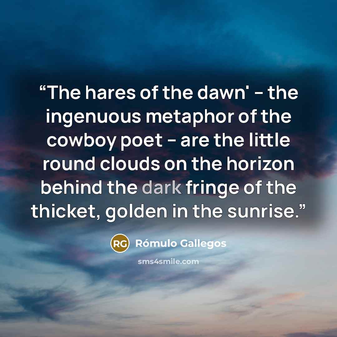 “The hares of the dawn' -- the ingenuous metaphor of the cowboy poet -- are the little round clouds on the horizon behind the dark fringe of the thicket, golden in the sunrise.” quote by Romulo Gallegos