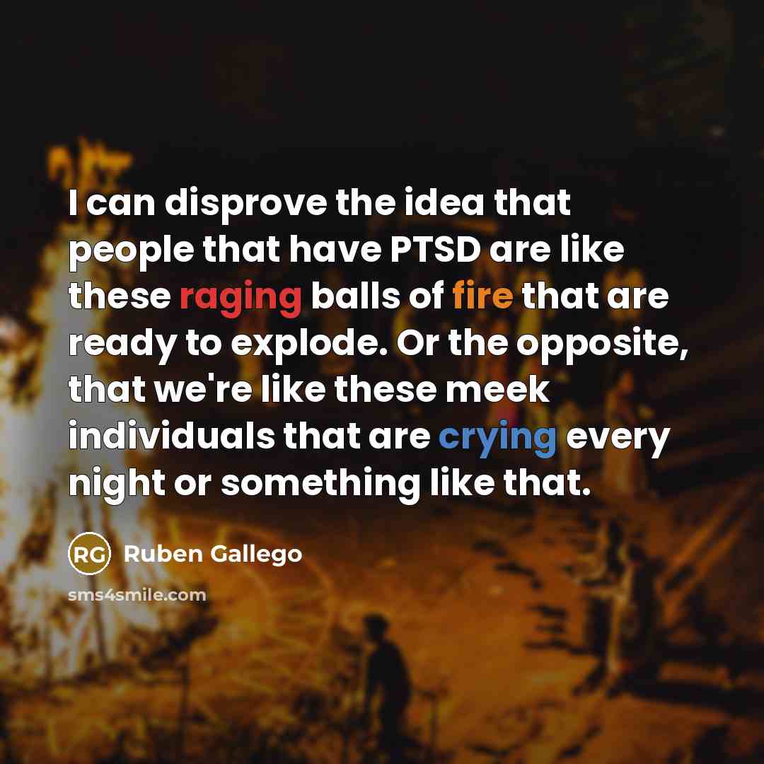 “I can disprove the idea that people that have PTSD are like these raging balls of fire that are ready to explode. Or the opposite, that we're like these meek individuals that are crying every night or something like that.” quote by Ruben Gallego