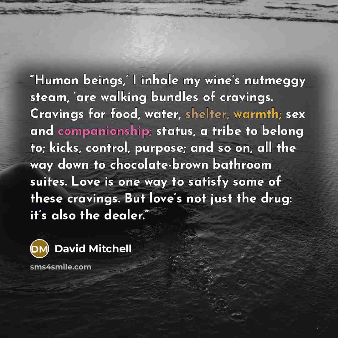 “Human beings,’ I inhale my wine’s nutmeggy steam, ‘are walking bundles of cravings. Cravings for food, water, shelter, warmth; sex and companionship; status, a tribe to belong to; kicks, control, purpose; and so on, all the way down to chocolate-brown bathroom suites. Love is one way to satisfy…” quote by David Mitchell