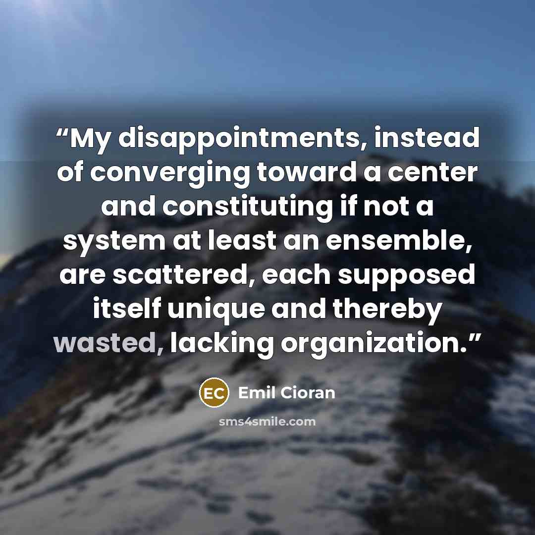 “My disappointments, instead of converging toward a center and constituting if not a system at least an ensemble, are scattered, each supposed itself unique and thereby wasted, lacking organization.” quote by Emil Cioran