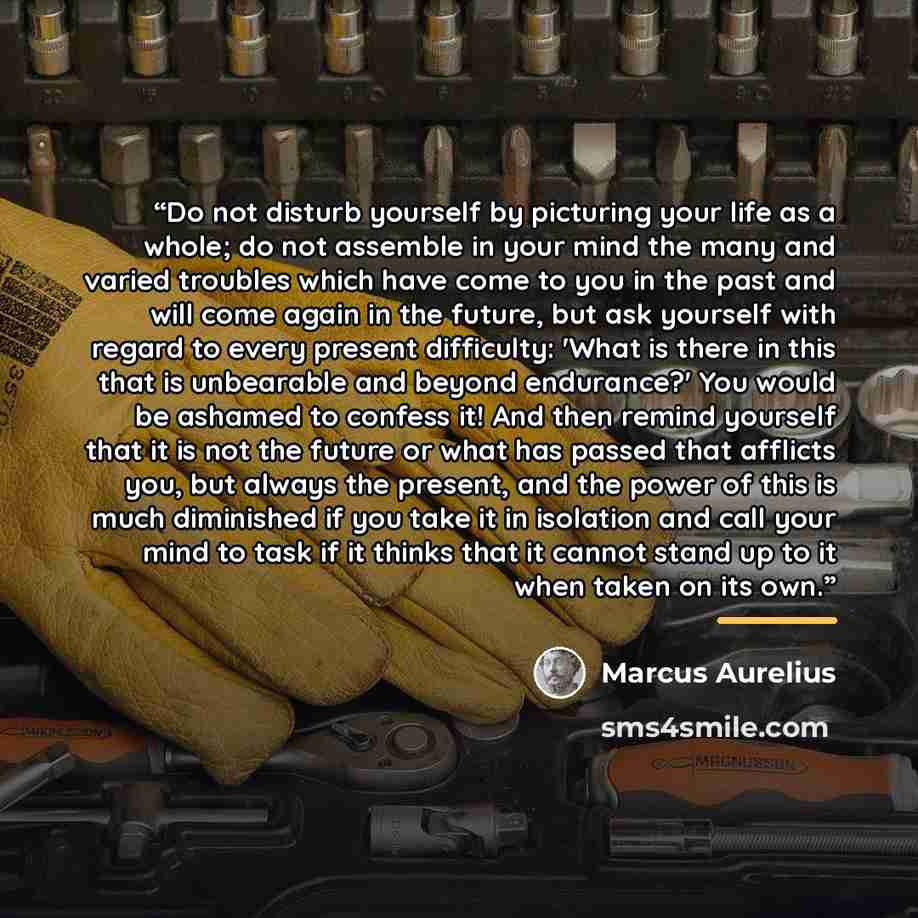 “Do not disturb yourself by picturing your life as a whole; do not assemble in your mind the many and varied troubles which have come to you in the past and will come again in the future, but ask yourself with regard to every present difficulty: 'What is there in this that is unbearable and beyond…” quote by Marcus Aurelius