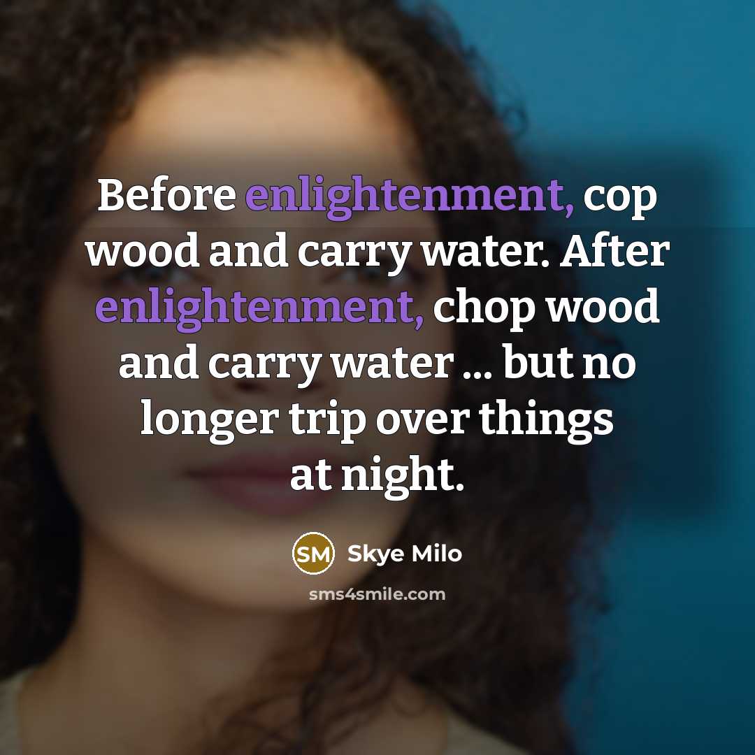“Before enlightenment, cop wood and carry water. After enlightenment, chop wood and carry water ... but no longer trip over things at night.” quote by Skye Milo