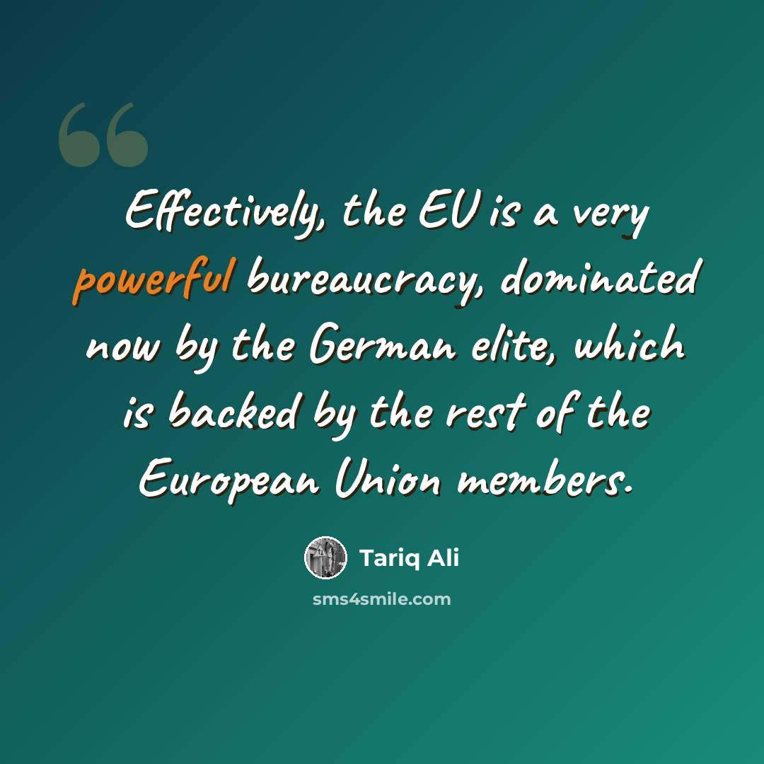 “Effectively, the EU is a very powerful bureaucracy, dominated now by the German elite, which is backed by the rest of the European Union members.” quote by Tariq Ali
