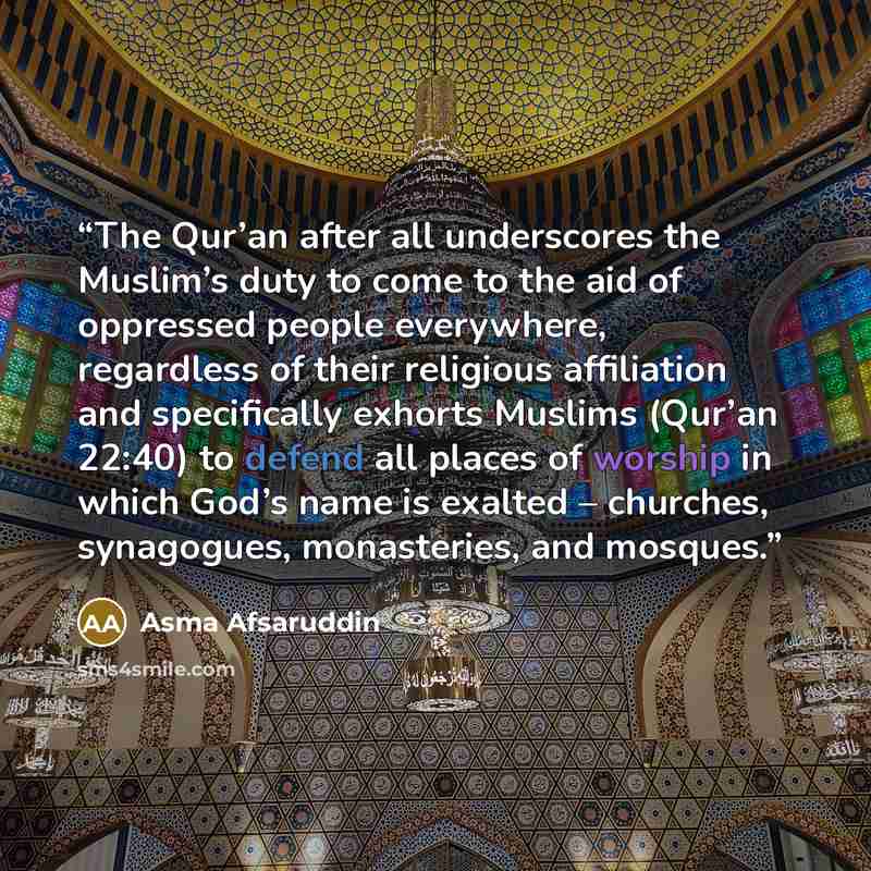 “The Qur’an after all underscores the Muslim’s duty to come to the aid of oppressed people everywhere, regardless of their religious affiliation and specifically exhorts Muslims (Qur’an 22:40) to defend all places of worship in which God’s name is exalted – churches, synagogues, monasteries, and…” quote by Asma Afsaruddin