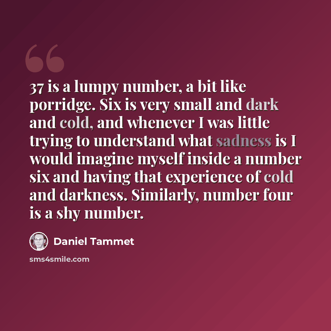 “37 is a lumpy number, a bit like porridge. Six is very small and dark and cold, and whenever I was little trying to understand what sadness is I would imagine myself inside a number six and having that experience of cold and darkness. Similarly, number four is a shy number.” quote by Daniel Tammet