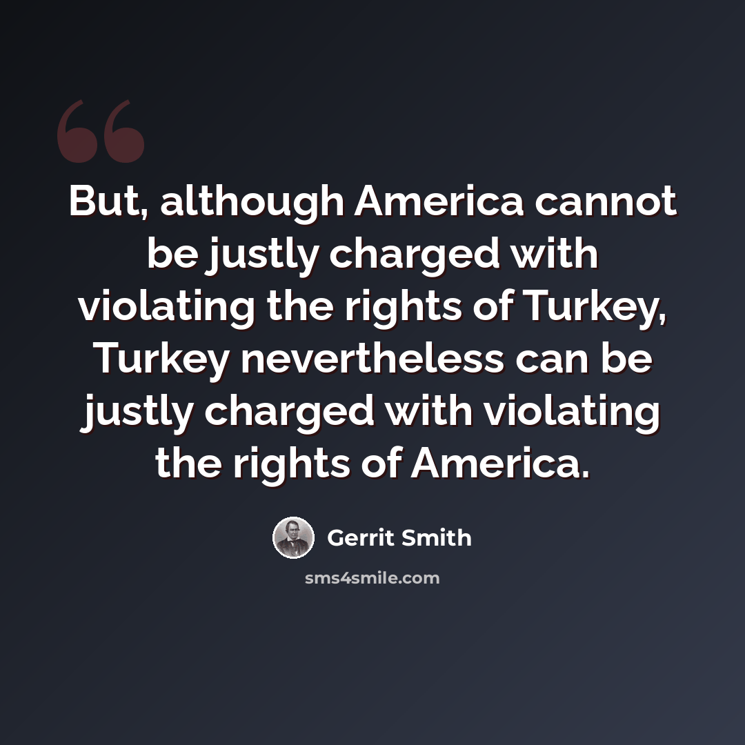 “But, although America cannot be justly charged with violating the rights of Turkey, Turkey nevertheless can be justly charged with violating the rights of America.” quote by Gerrit Smith