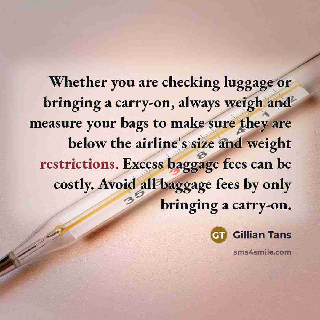 “Whether you are checking luggage or bringing a carry-on, always weigh and measure your bags to make sure they are below the airline's size and weight restrictions. Excess baggage fees can be costly. Avoid all baggage fees by only bringing a carry-on.” quote by Gillian Tans