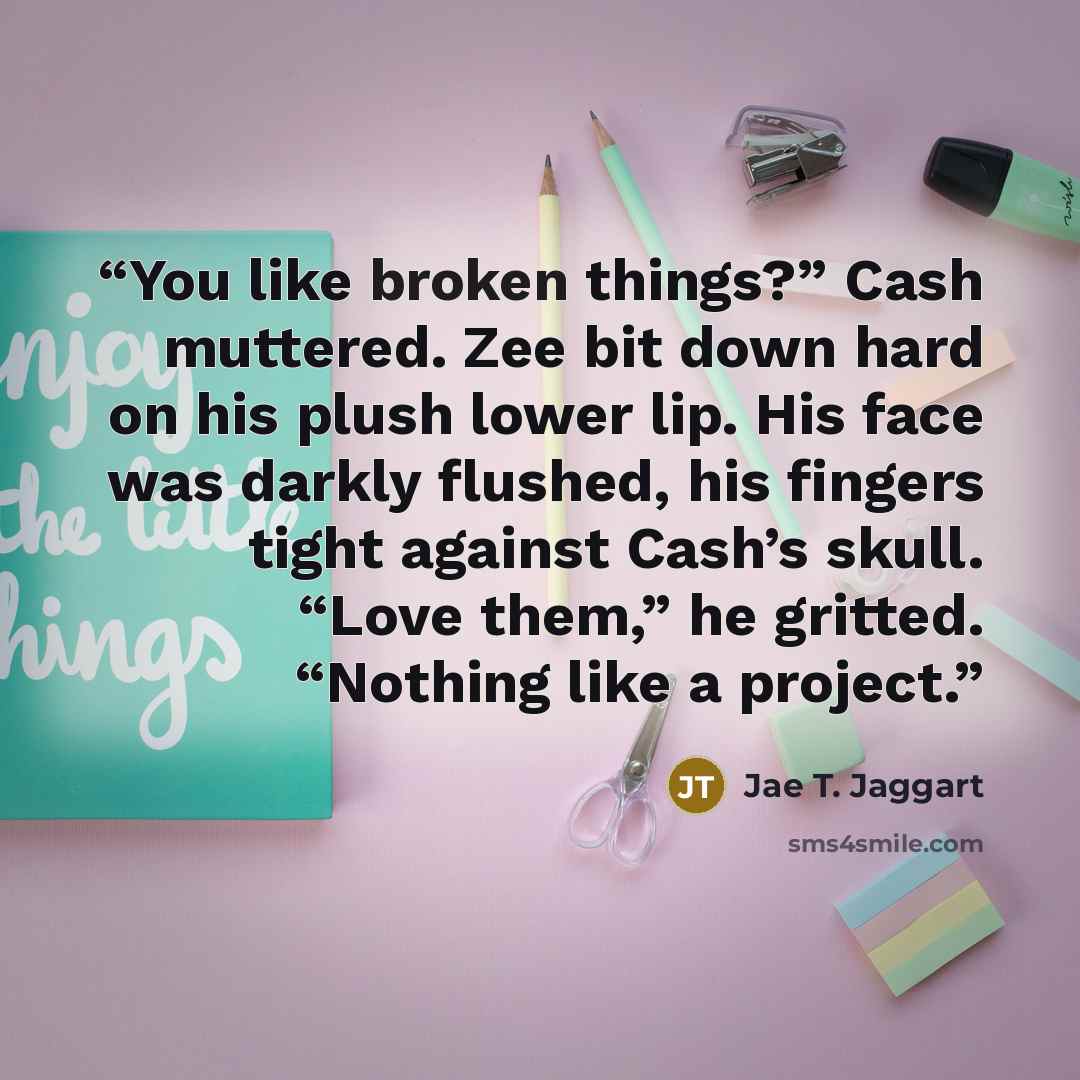 “You like broken things?” Cash muttered. Zee bit down hard on his plush lower lip. His face was darkly flushed, his fingers tight against Cash’s skull. “Love them,” he gritted. “Nothing like a project.” quote by Jae T. Jaggart