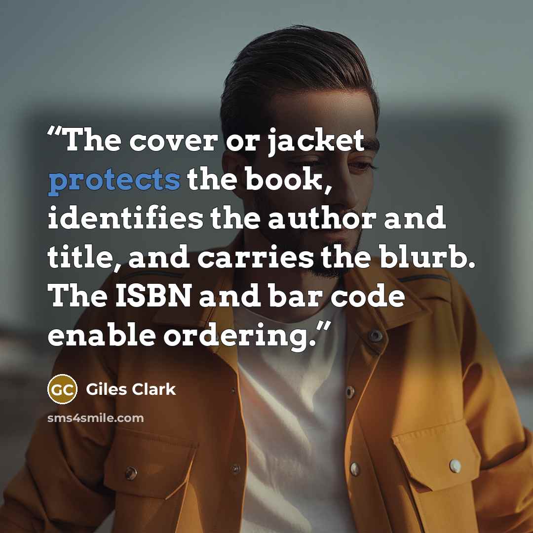 “The cover or jacket protects the book, identifies the author and title, and carries the blurb. The ISBN and bar code enable ordering.” quote by Giles Clark