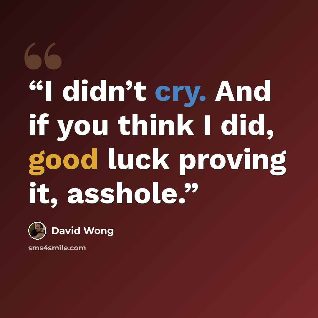 “I didn’t cry. And if you think I did, good luck proving it, asshole.” quote by David Wong