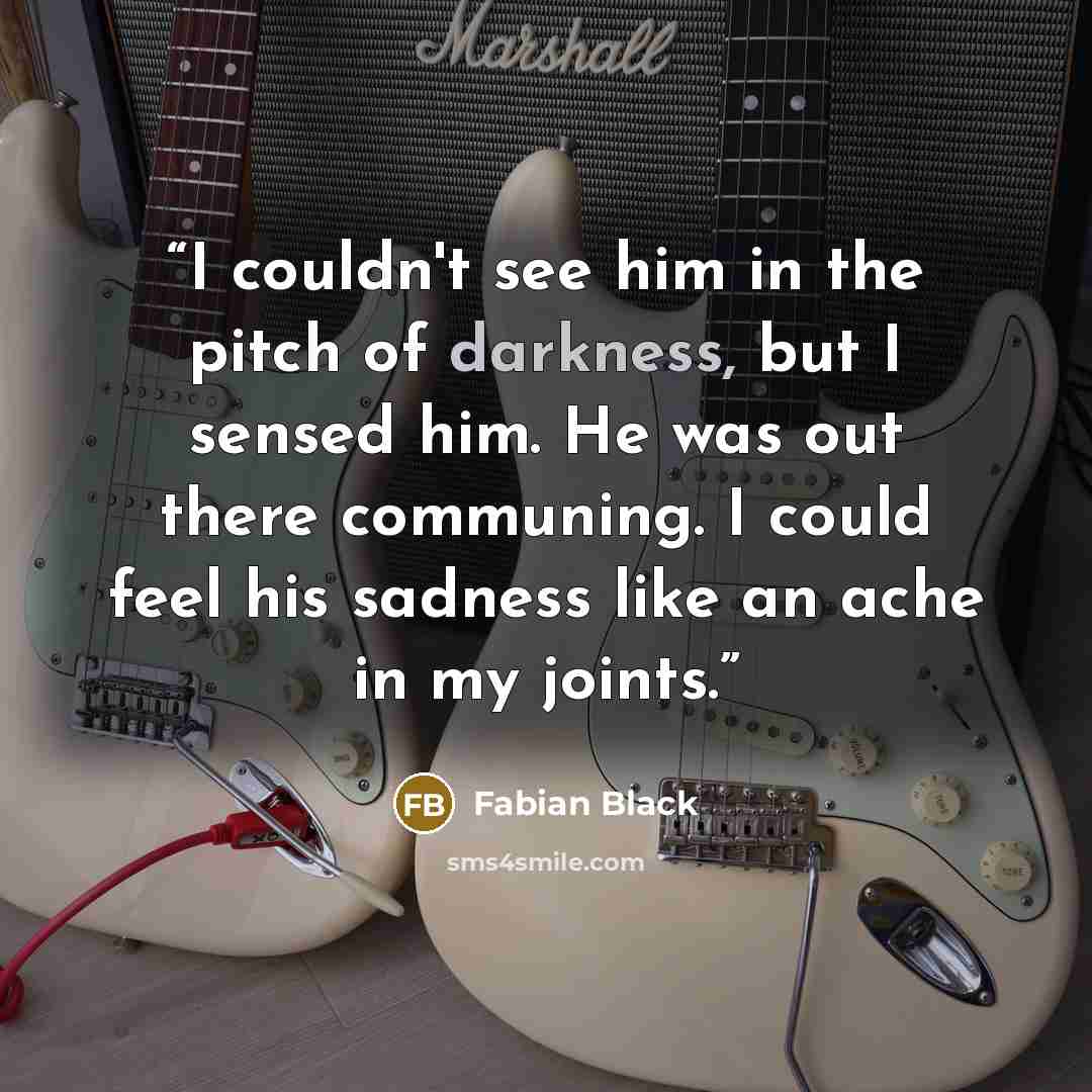 “I couldn't see him in the pitch of darkness, but I sensed him. He was out there communing. I could feel his sadness like an ache in my joints.” quote by Fabian Black