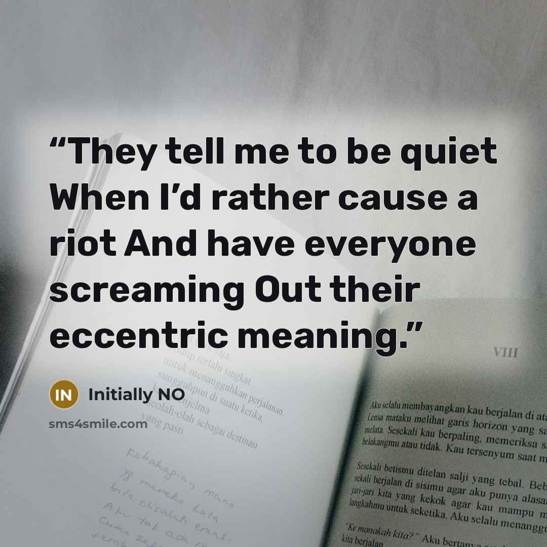 “They tell me to be quiet When I’d rather cause a riot And have everyone screaming Out their eccentric meaning.” quote by Initially NO