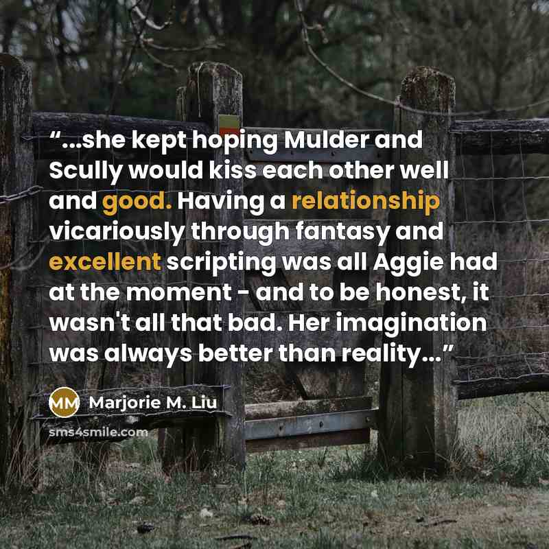 “...she kept hoping Mulder and Scully would kiss each other well and good. Having a relationship vicariously through fantasy and excellent scripting was all Aggie had at the moment - and to be honest, it wasn't all that bad. Her imagination was always better than reality...” quote by Marjorie M. Liu