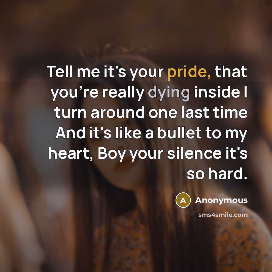 “Tell me it's your pride, that you're really dying inside I turn around one last time And it's like a bullet to my heart, Boy your silence it's so hard.” quote by Anonymous
