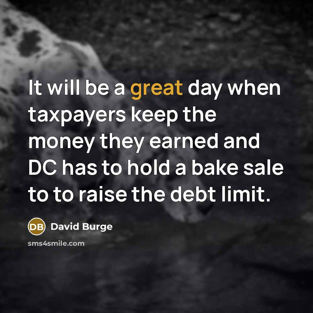 “It will be a great day when taxpayers keep the money they earned and DC has to hold a bake sale to to raise the debt limit.” quote by David Burge