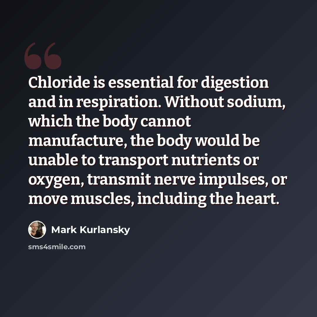 “Chloride is essential for digestion and in respiration. Without sodium, which the body cannot manufacture, the body would be unable to transport nutrients or oxygen, transmit nerve impulses, or move muscles, including the heart.” quote by Mark Kurlansky