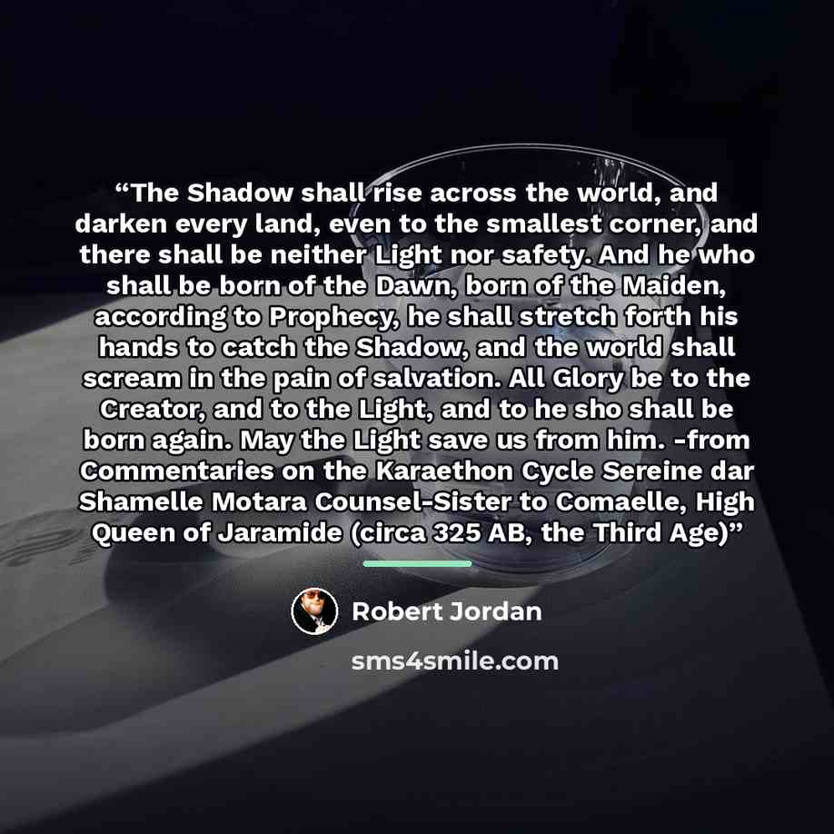 “The Shadow shall rise across the world, and darken every land, even to the smallest corner, and there shall be neither Light nor safety. And he who shall be born of the Dawn, born of the Maiden, according to Prophecy, he shall stretch forth his hands to catch the Shadow, and the world shall scream…” quote by Robert Jordan