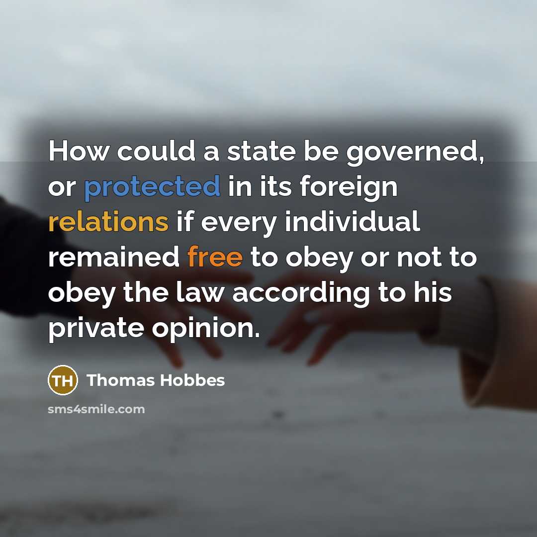 “How could a state be governed, or protected in its foreign relations if every individual remained free to obey or not to obey the law according to his private opinion.” quote by Thomas Hobbes