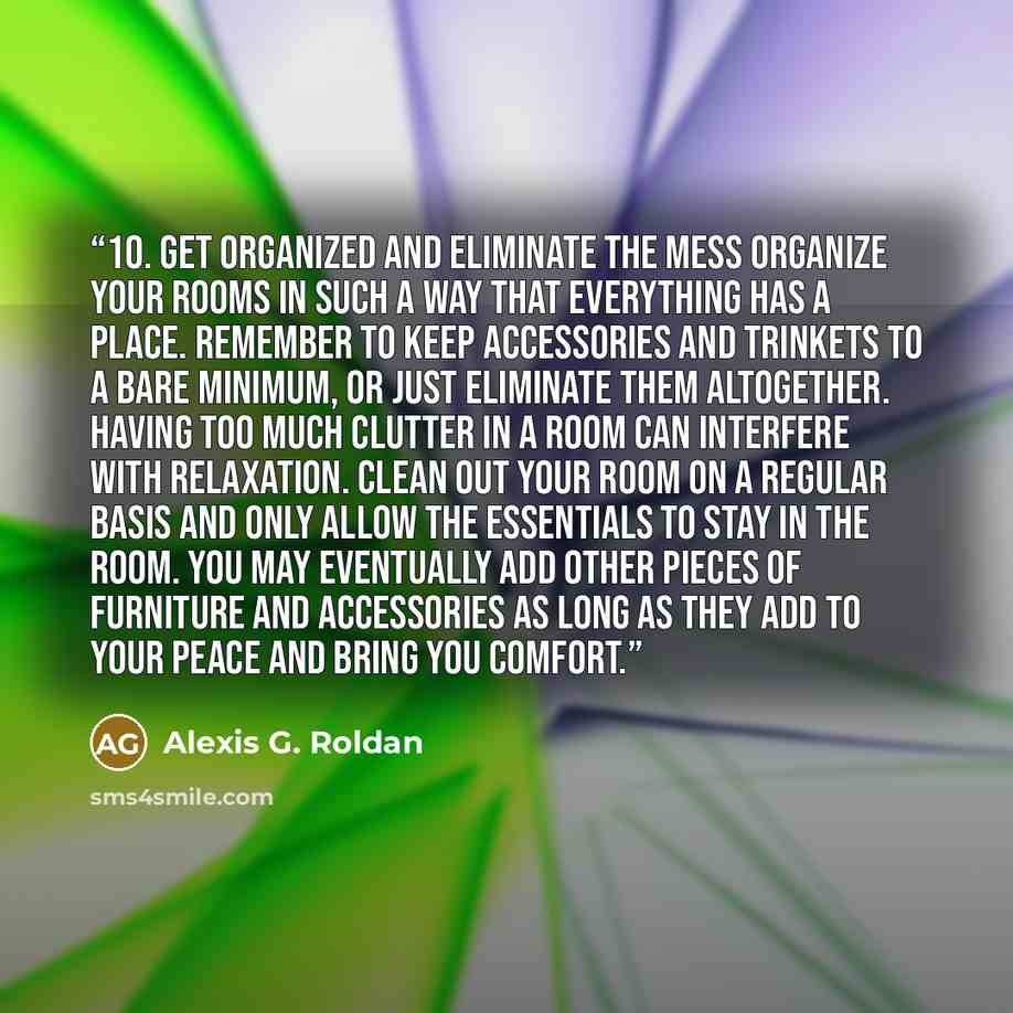 “10. Get Organized And Eliminate The Mess Organize your rooms in such a way that everything has a place. Remember to keep accessories and trinkets to a bare minimum, or just eliminate them altogether. Having too much clutter in a room can interfere with relaxation. Clean out your room on a regular…” quote by Alexis G. Roldan