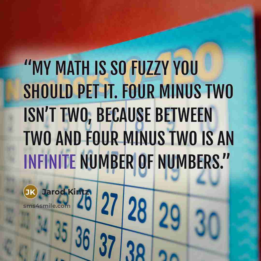 “My math is so fuzzy you should pet it. Four minus two isn’t two, because between two and four minus two is an infinite number of numbers.” quote by Jarod Kintz