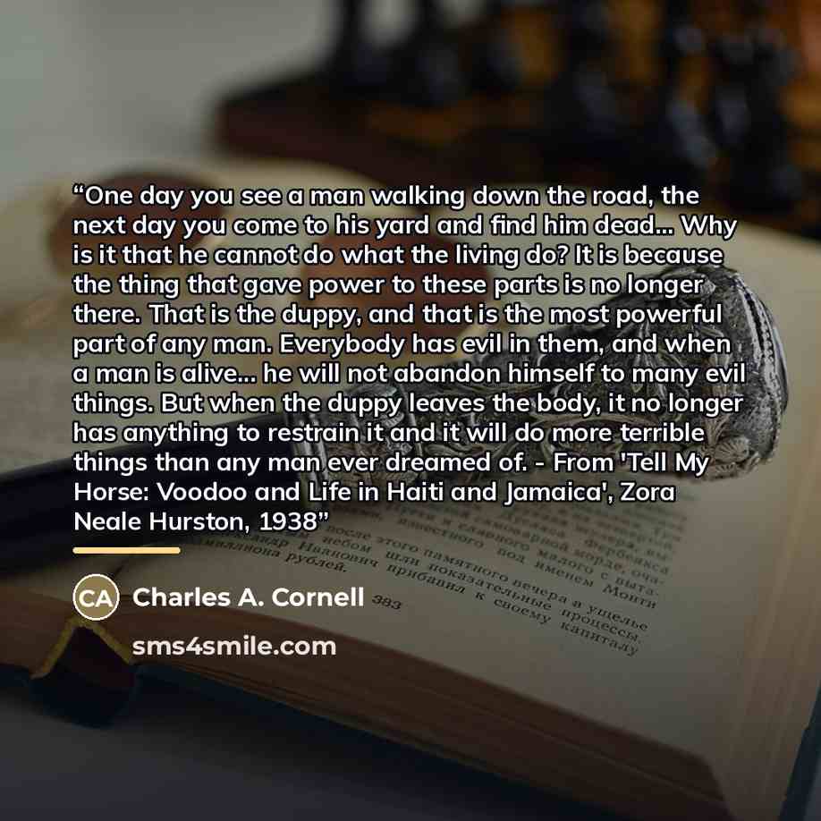 “One day you see a man walking down the road, the next day you come to his yard and find him dead... Why is it that he cannot do what the living do? It is because the thing that gave power to these parts is no longer there. That is the duppy, and that is the most powerful part of any man. Everybody…” quote by Charles A. Cornell