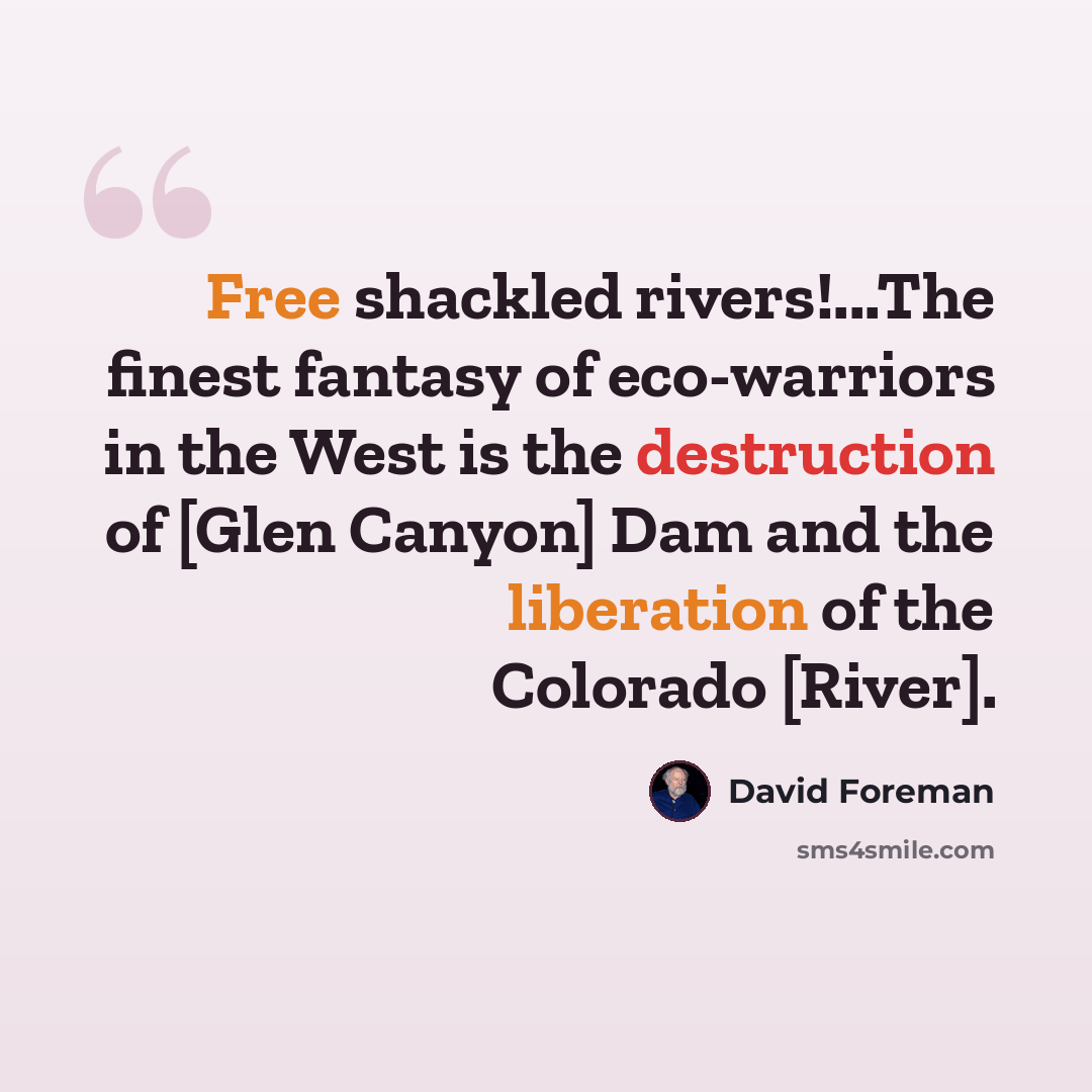 “Free shackled rivers!...The finest fantasy of eco-warriors in the West is the destruction of [Glen Canyon] Dam and the liberation of the Colorado [River].” quote by David Foreman