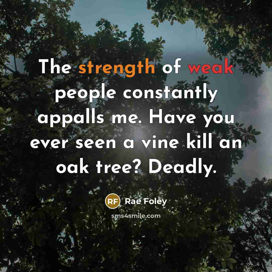 “The strength of weak people constantly appalls me. Have you ever seen a vine kill an oak tree? Deadly.” quote by Rae Foley
