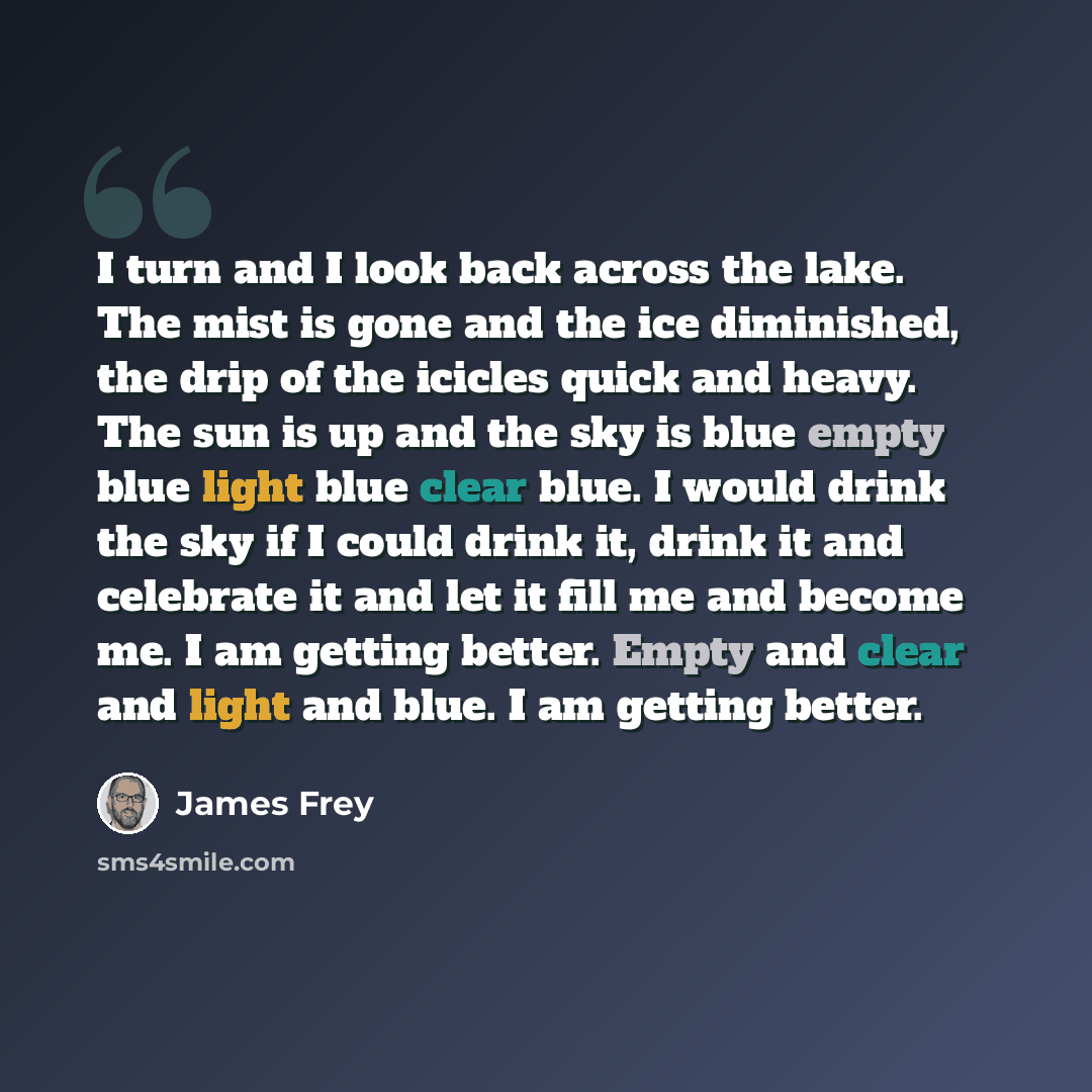“I turn and I look back across the lake. The mist is gone and the ice diminished, the drip of the icicles quick and heavy. The sun is up and the sky is blue empty blue light blue clear blue. I would drink the sky if I could drink it, drink it and celebrate it and let it fill me and become me. I am…” quote by James Frey