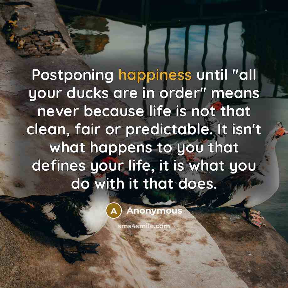 “Postponing happiness until "all your ducks are in order" means never because life is not that clean, fair or predictable. It isn't what happens to you that defines your life, it is what you do with it that does.” quote by Anonymous