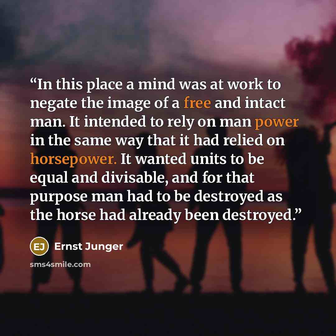 “In this place a mind was at work to negate the image of a free and intact man. It intended to rely on man power in the same way that it had relied on horsepower. It wanted units to be equal and divisable, and for that purpose man had to be destroyed as the horse had already been destroyed.” quote by Ernst Jünger